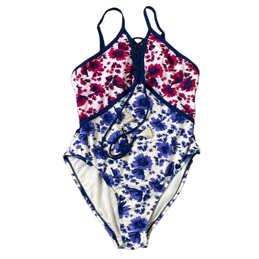 Gibson Latimer Womens‎ Floral Lace Up High Neck One Piece Swimsuit Pink Purple M
